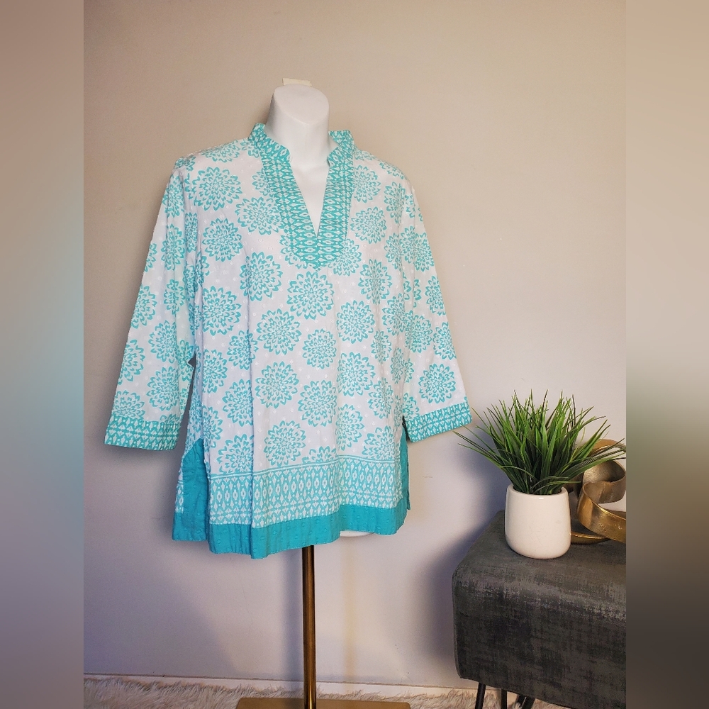 Sharagano Size Large White Teal Tunic Top Shirt 100% Cotton EUC